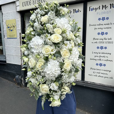 White rose and hydrangea casket spray 